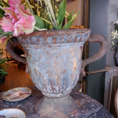 Pair of large blue grey cast iron Directoire vases with dolphin handles - France ca.1720