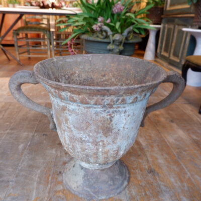 Pair of large blue grey cast iron Directoire vases with dolphin handles - France ca.1720