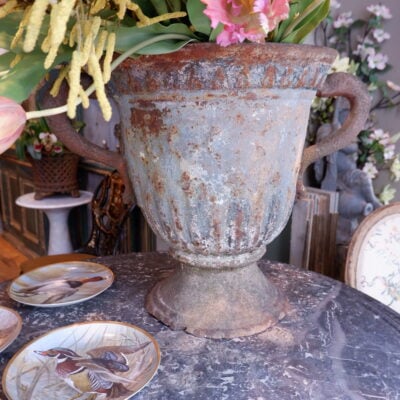 Pair of large blue grey cast iron Directoire vases with dolphin handles - France ca.1720