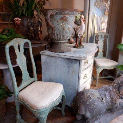 Pair of Swedish baroque style chairs with green patina, ca.1800