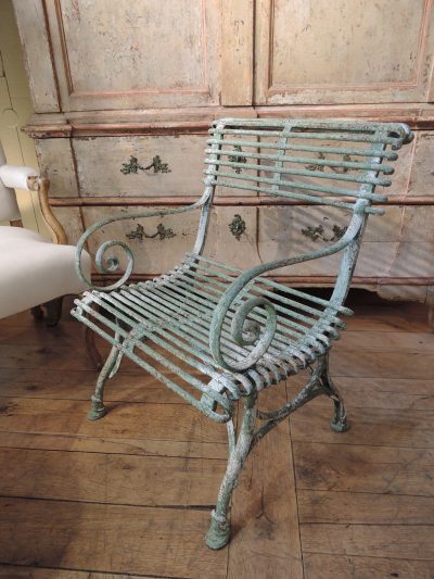 LARGE ARRAS ARMCHAIR WITH PALE GREEN PATINA END OF NINETEENTH CENTURY
