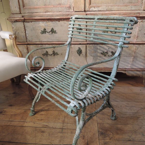 LARGE ARRAS ARMCHAIR WITH PALE GREEN PATINA END OF NINETEENTH CENTURY
