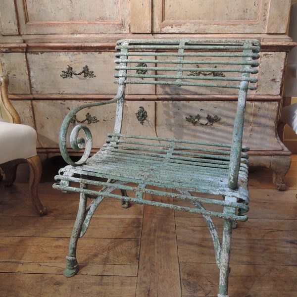 LARGE ARRAS ARMCHAIR WITH PALE GREEN PATINA END OF NINETEENTH CENTURY
