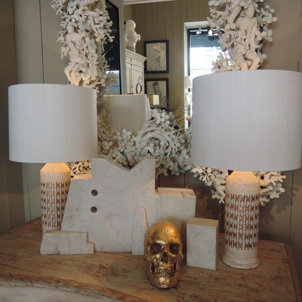 Pair of incised ceramic lamps + ivory and gold enamel by Bitossi for BERGBOMS Ca. 1960