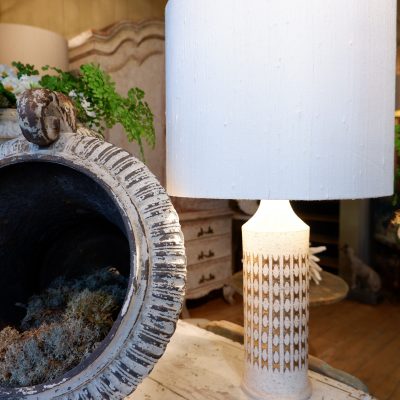 Pair of incised ceramic lamps + ivory and gold enamel by Bitossi for BERGBOMS Ca. 1960