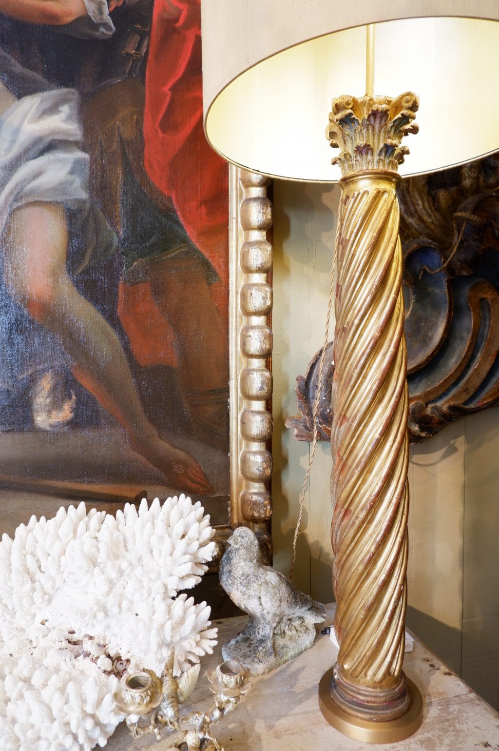 Pair of baroque twisted gold leaf column lamps + Shades silk