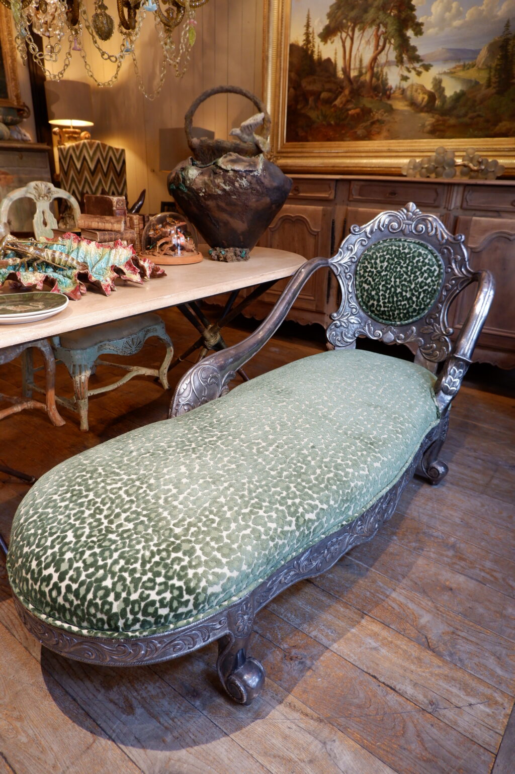 Chaise longue en bois sculpté et feuille d'argent ca.1880