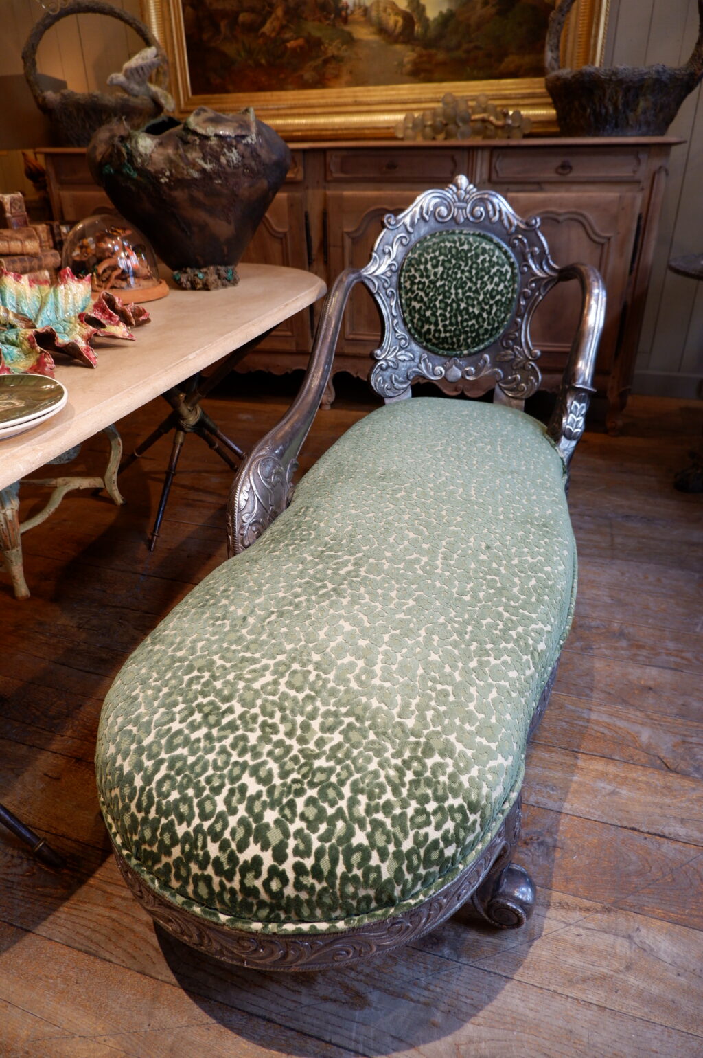 Chaise longue en bois sculpté et feuille d'argent ca.1880 – Image 9