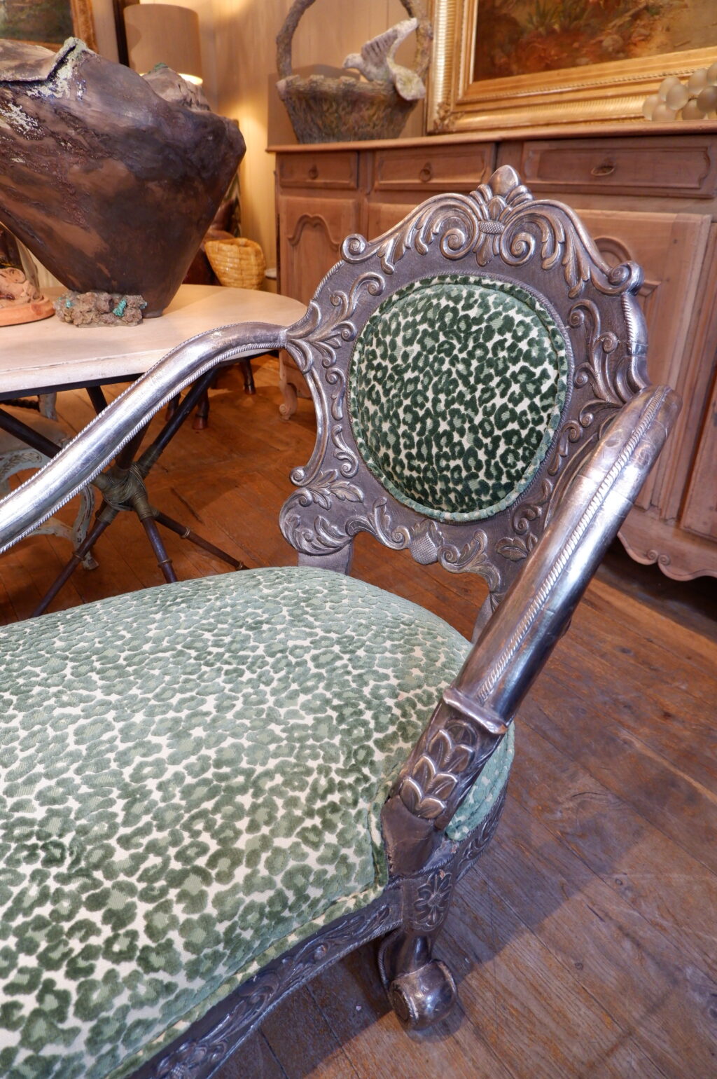 Chaise longue en bois sculpté et feuille d'argent ca.1880 – Image 4