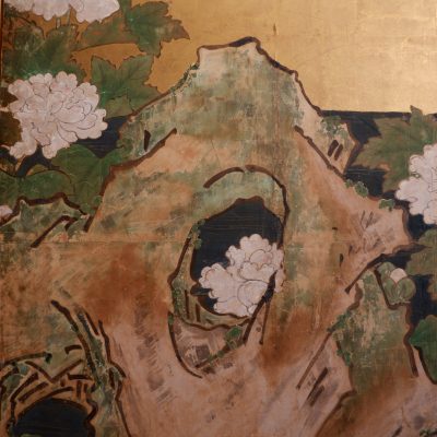 Paravent japonais à 6 feuilles - fond à la feuille d'or décor d'oies et pivoine arbustive - Période Meiji fin XIXE – Image 8