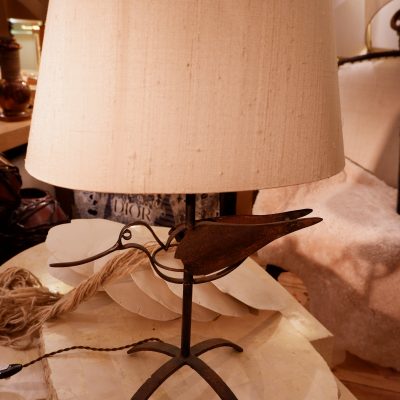 Lampe "oiseau" en fer oxydé + AJ ovale en soie