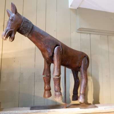 Cheval marionnette en bois sur socle métal - art populaire fin XIXe