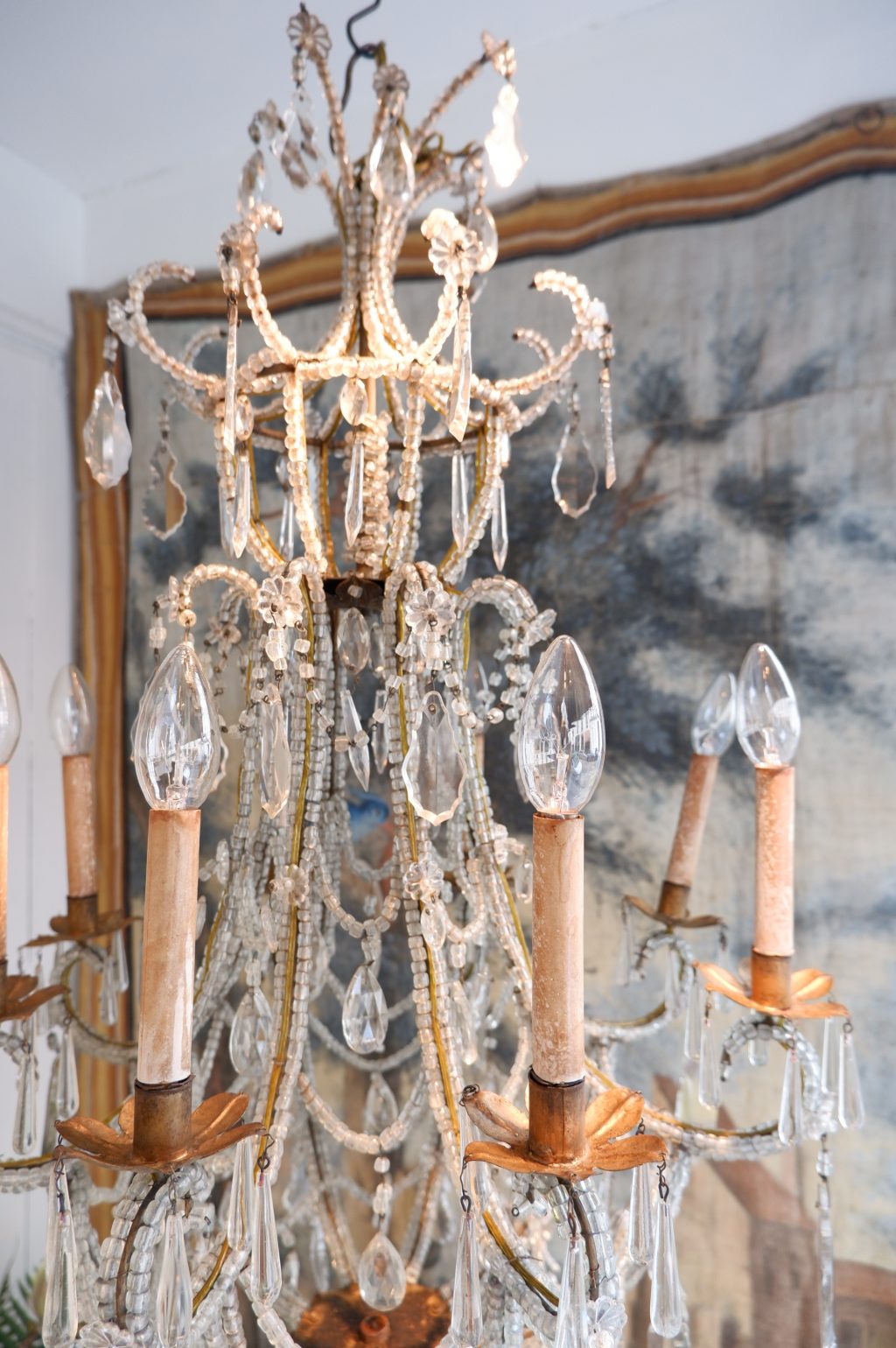 Lustre en métal doré recouvert de perles transparentes Venise fin XIXe – Image 5