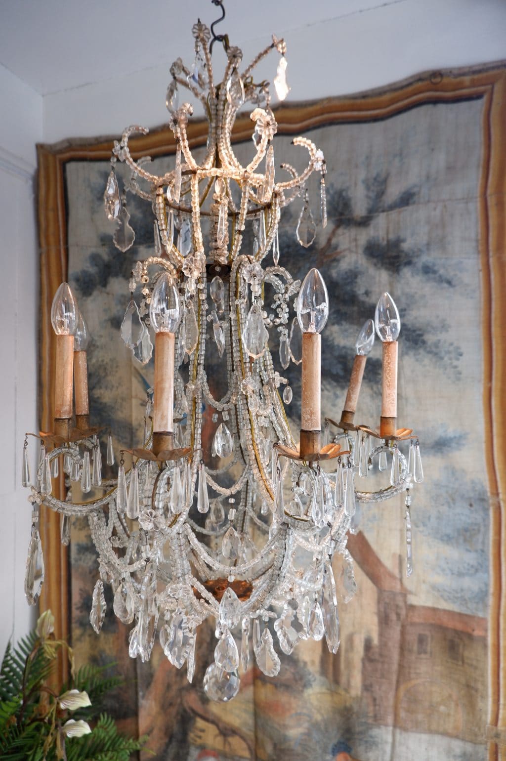Lustre en métal doré recouvert de perles transparentes Venise fin XIXe – Image 10