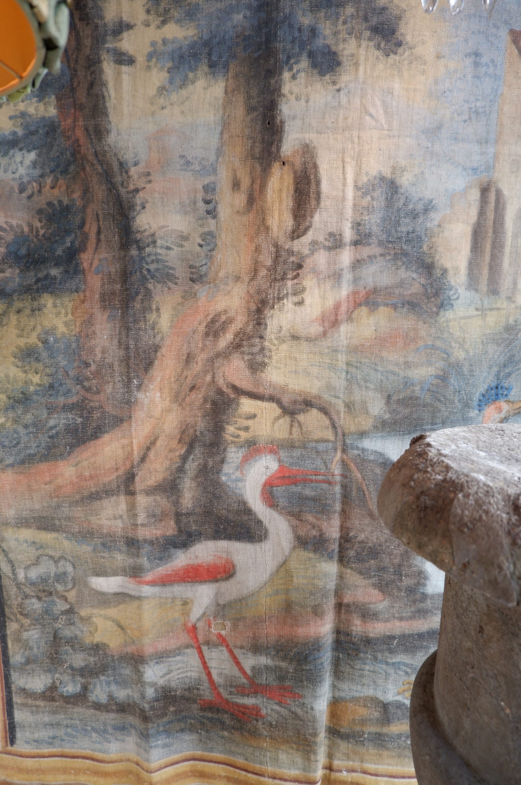 Late 18th century painted canvas with pastel landscape and birds - Image 4