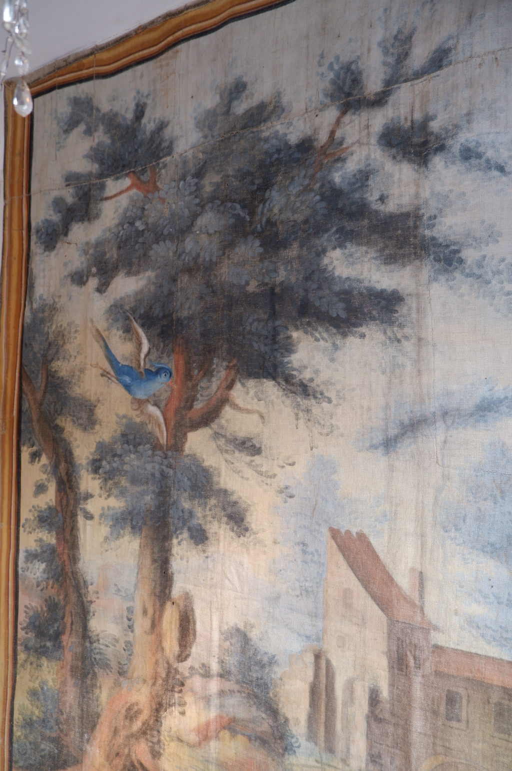 Late 18th century painted canvas with pastel landscape and birds - Image 3