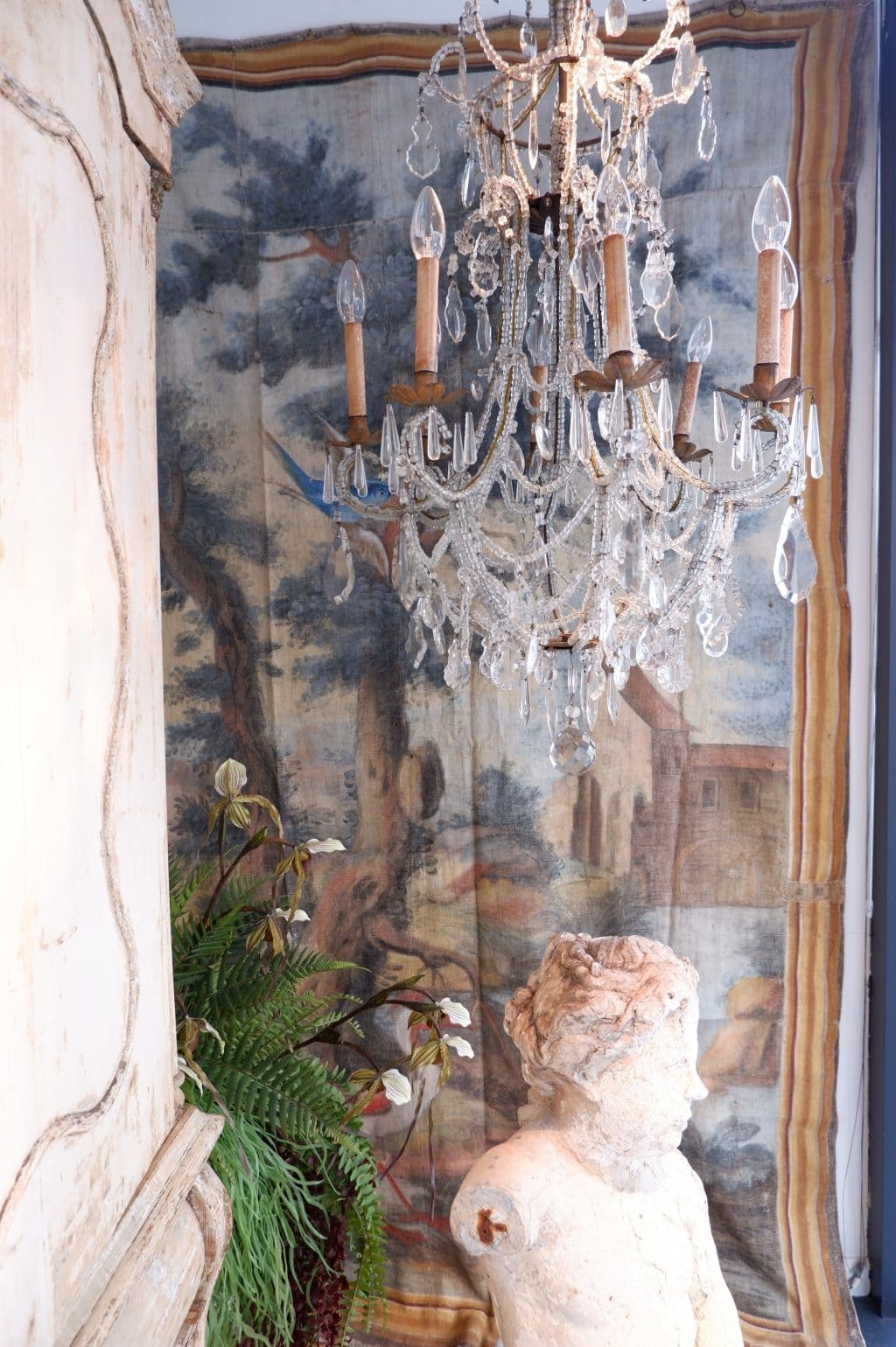 Late 18th century painted canvas with pastel landscape and birds - Image 12