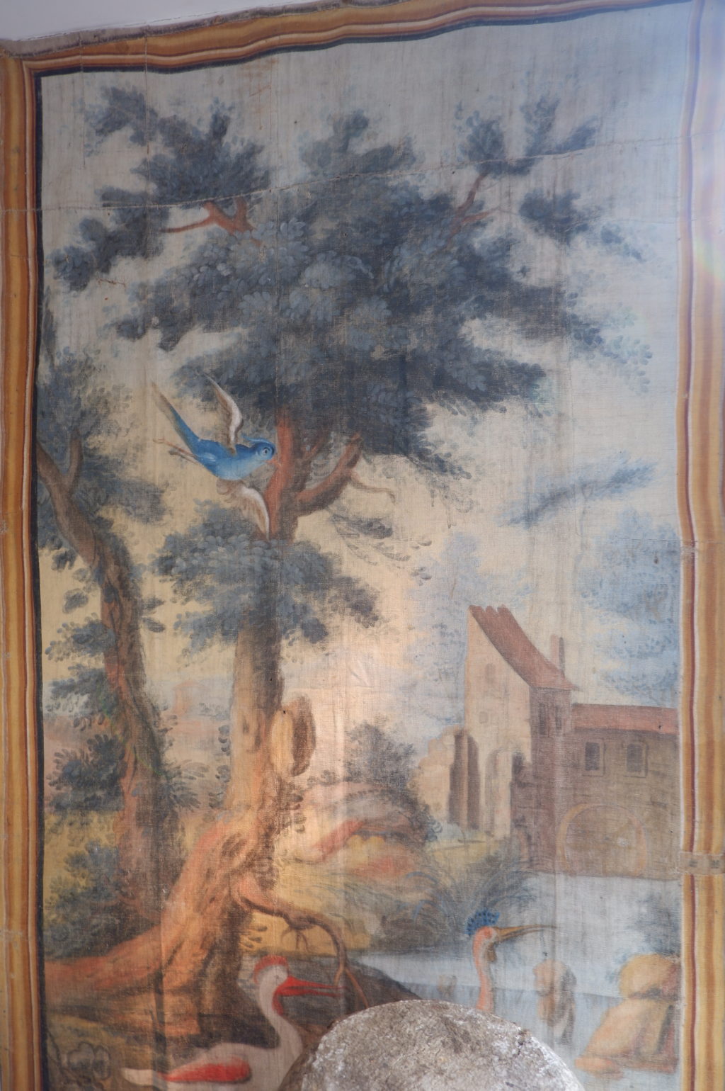 Late 18th century painted canvas with pastel landscape and birds
