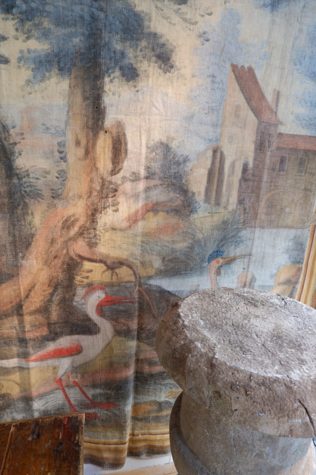 Late 18th century painted canvas with pastel landscape and birds - Image 13