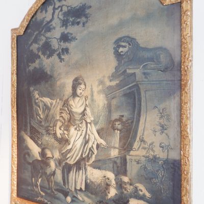 GRAND MIROIR TRUMEAU DECOR CHAMPETRE BLEUTE CA.1780