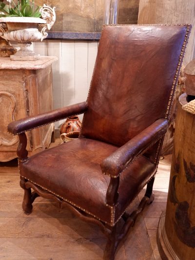 TALL ITALIAN ARMCHAIR WITH PATINATED LEATHER & COPPER BRAID CA.1780