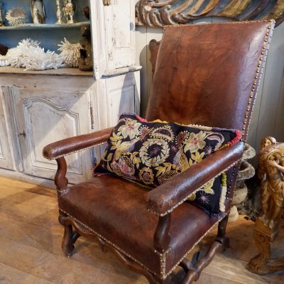 TALL ITALIAN ARMCHAIR WITH PATINATED LEATHER & COPPER BRAID CA.1780