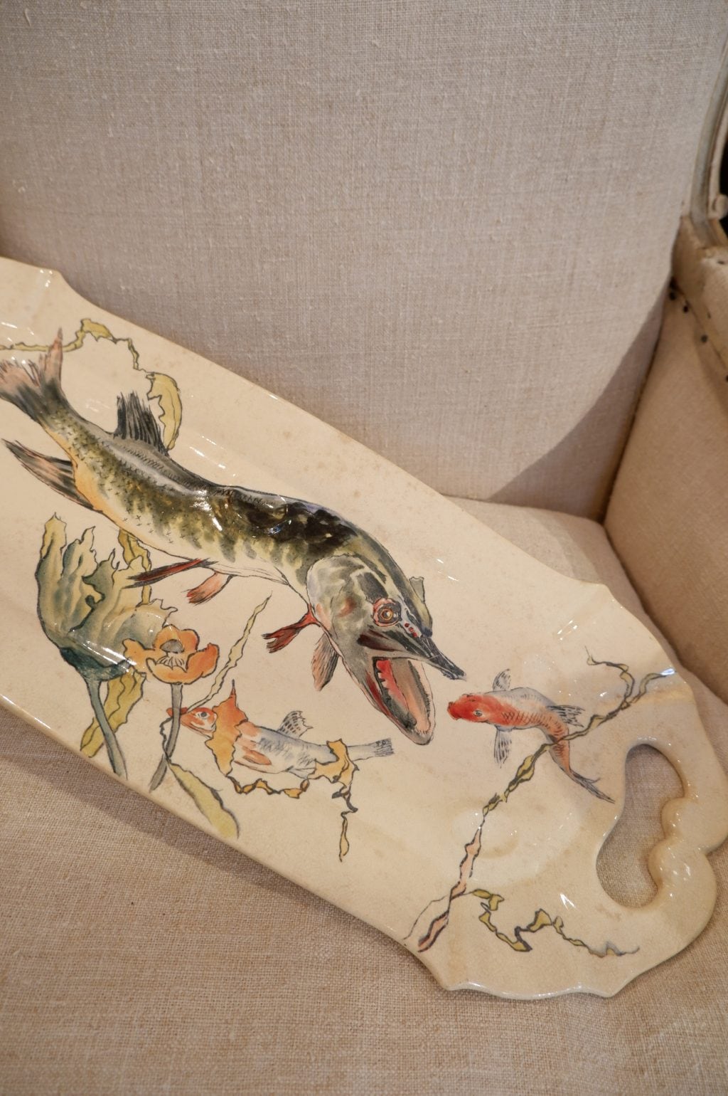 LARGE 19TH CENTURY ENAMELLED EARTHENWARE FISH DISH - BY HYPPOLITE BOULENGER ET CIE