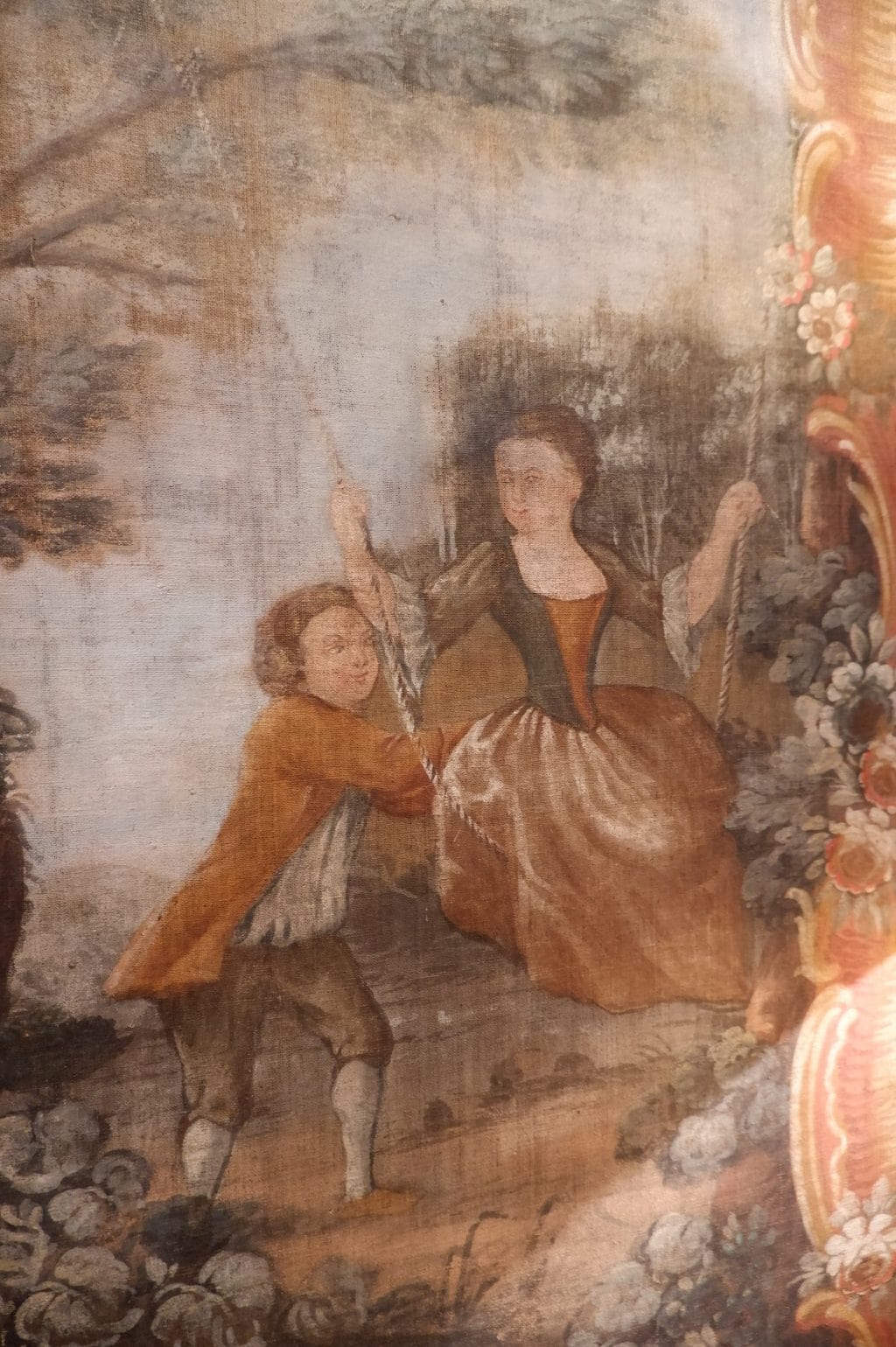 Grande toile peinte "couple sur une balançoire" d'époque XVIIIe – Image 3