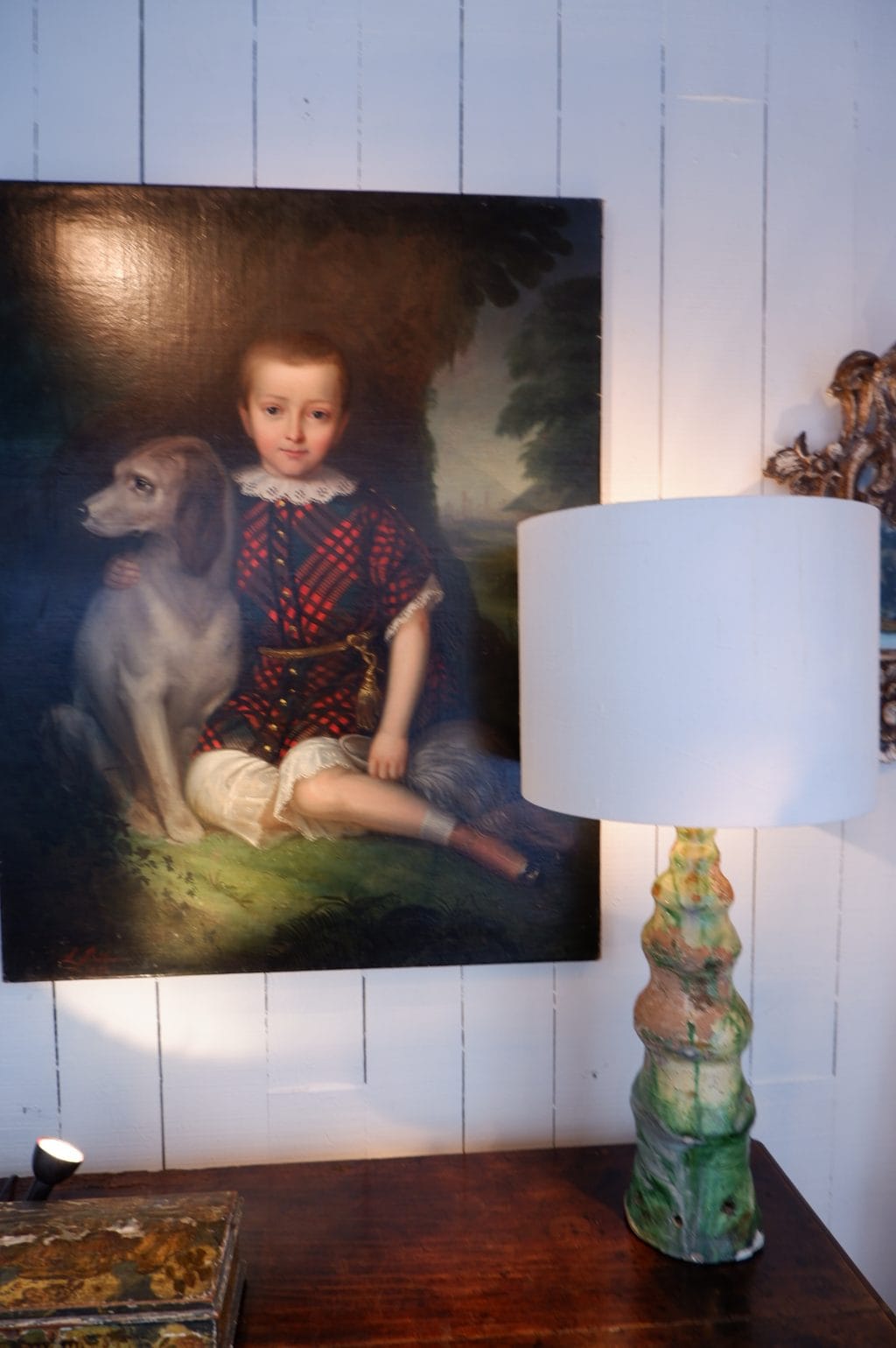 1lampe épi de faitage en céramique vernissée verte + AJ/cylindre en soie – Image 3