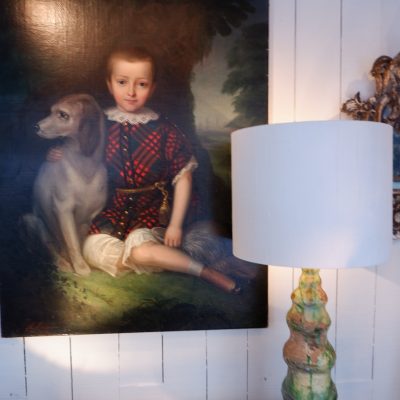 1lampe épi de faitage en céramique vernissée verte + AJ/cylindre en soie – Image 3