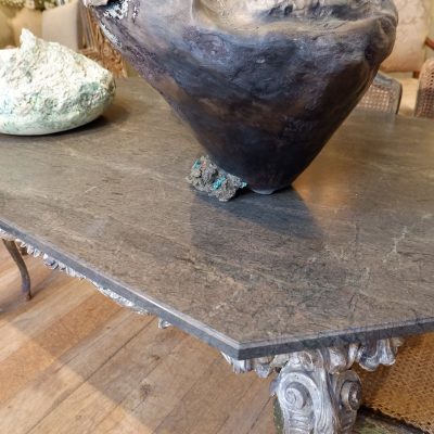 LARGE ITALIAN WOODEN CONSOLE CARVED WITH SILVER LEAF ON TOP IN GREY MARBLE CA.1800