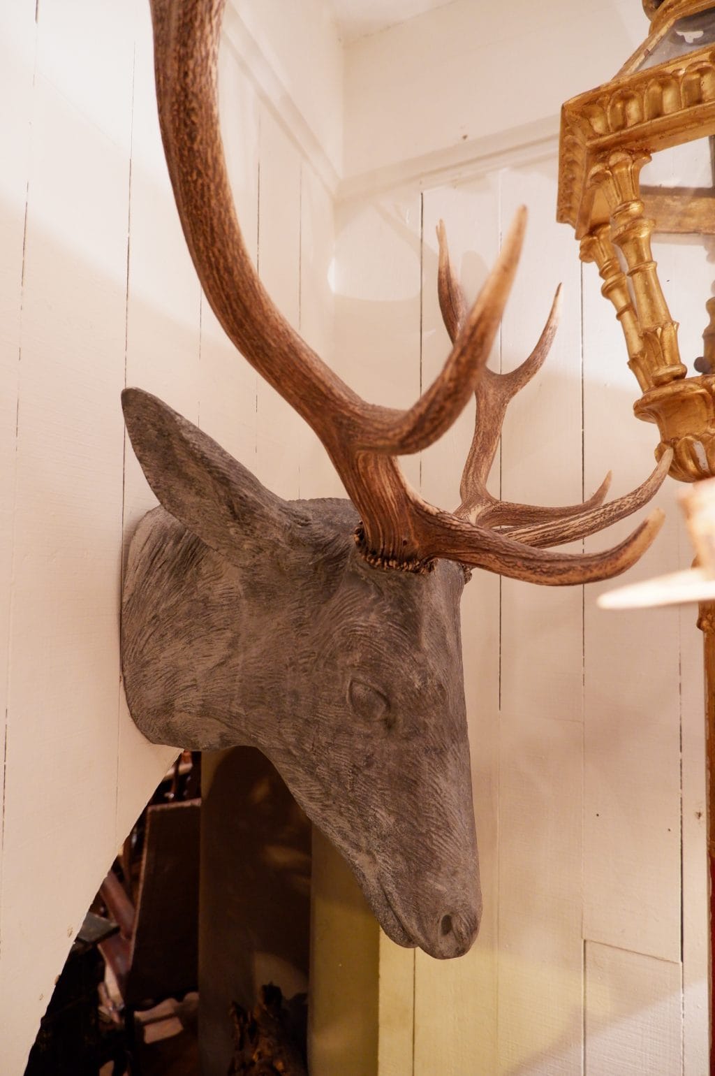 Stag head in cast aluminium with real antlers end of 19th century