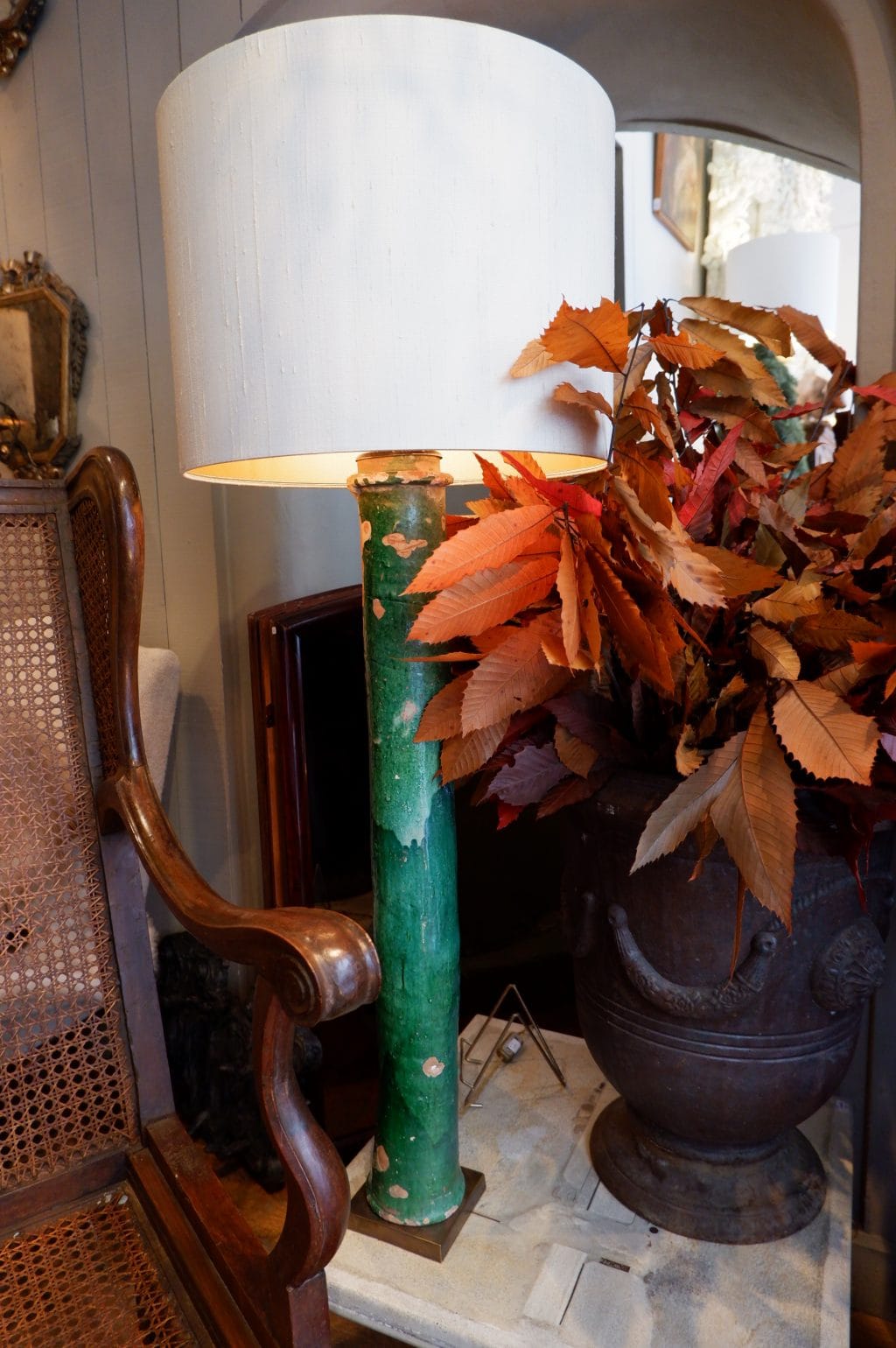 Large green glazed ceramic lamp + silk shade