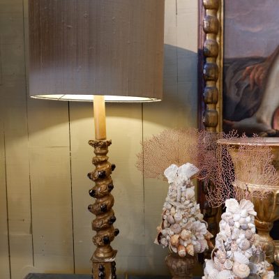 Pair of twisted column lamps with cabochons + Shades gilded silk cylinder