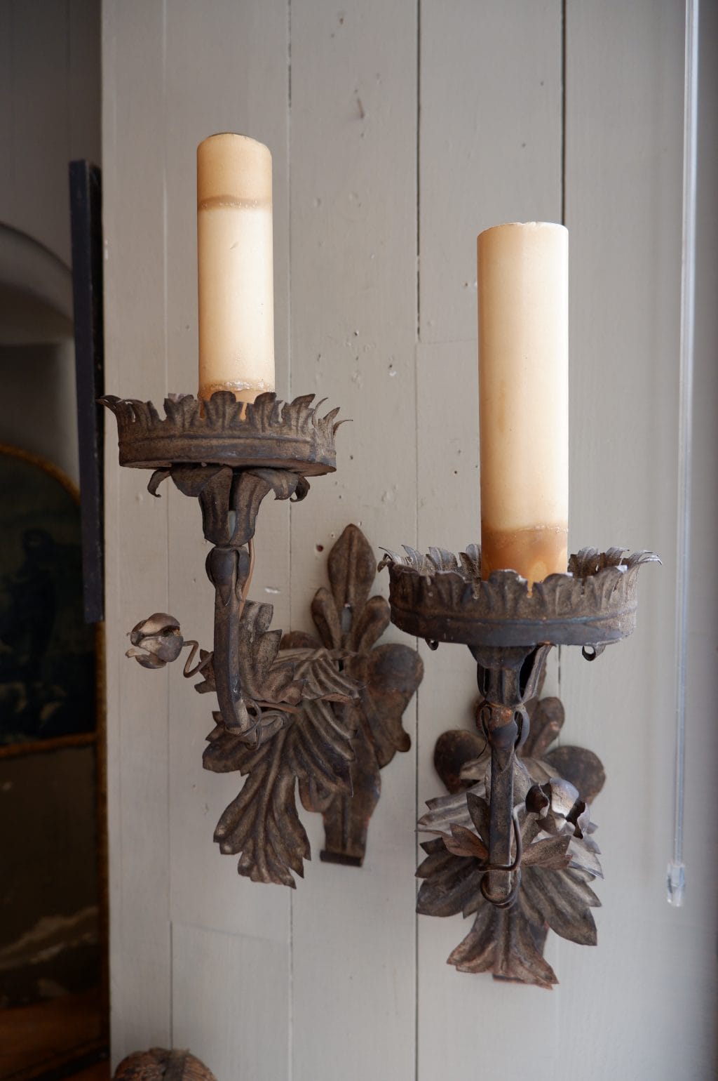PAIR OF LARGE IRON SCONCES WITH FLOWER BUDS 19TH CENTURY