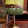 Lampe de table pied en bronze doré tritons et A/J e verre opalin -vert de vessie+frange - Suède ca.1910