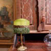 Lampe de table pied en bronze doré tritons et A/J e verre opalin -vert de vessie+frange - Suède ca.1910 – Image 2