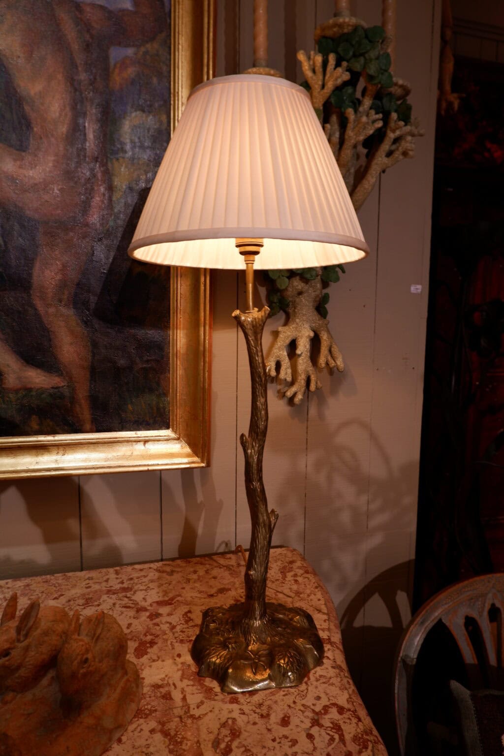 Bronze metal &quot;brindille&quot; lamps + A/J pleated silk ca.1960 - Image 6