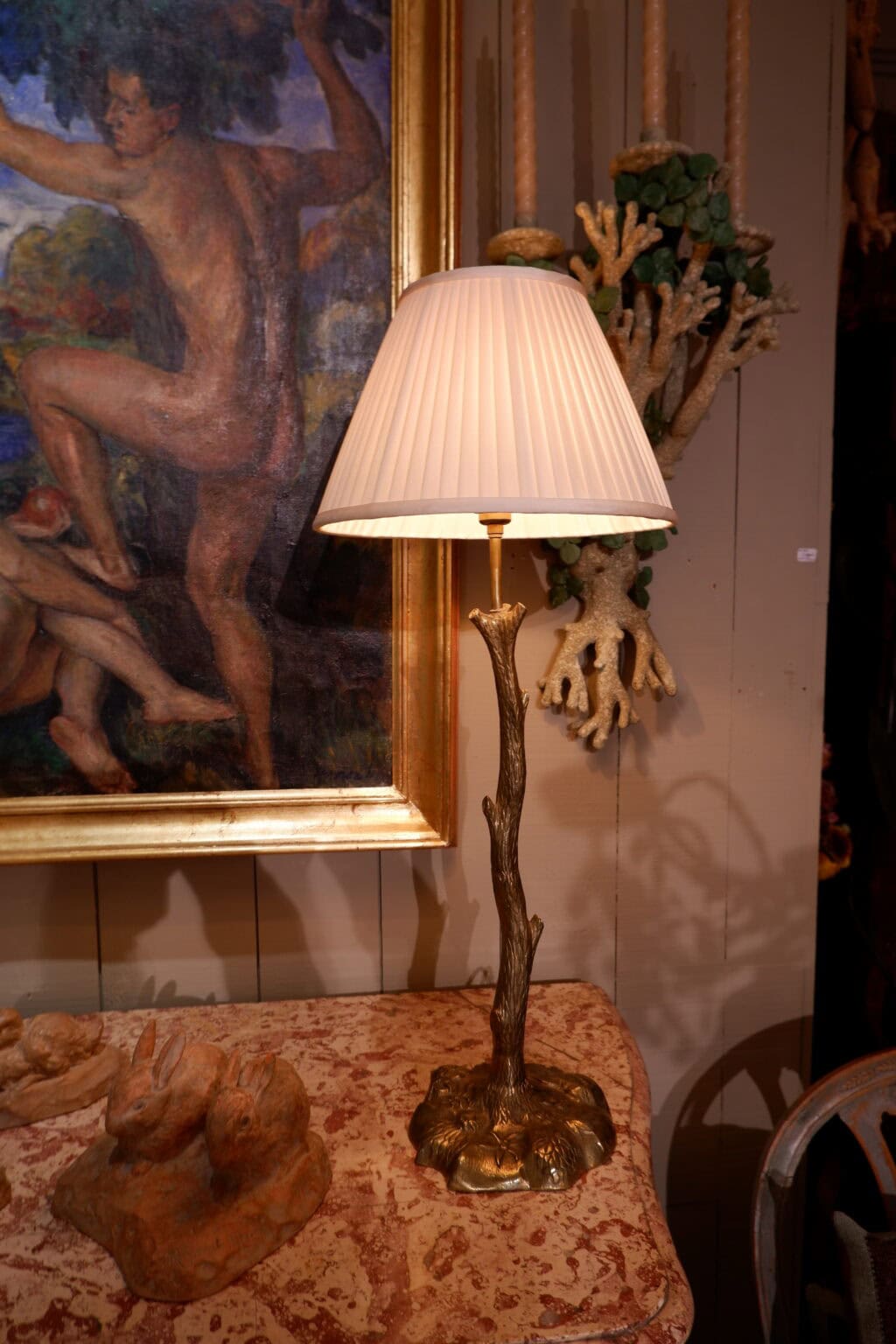 Bronze metal &quot;brindille&quot; lamps + A/J pleated silk ca.1960 - Image 3