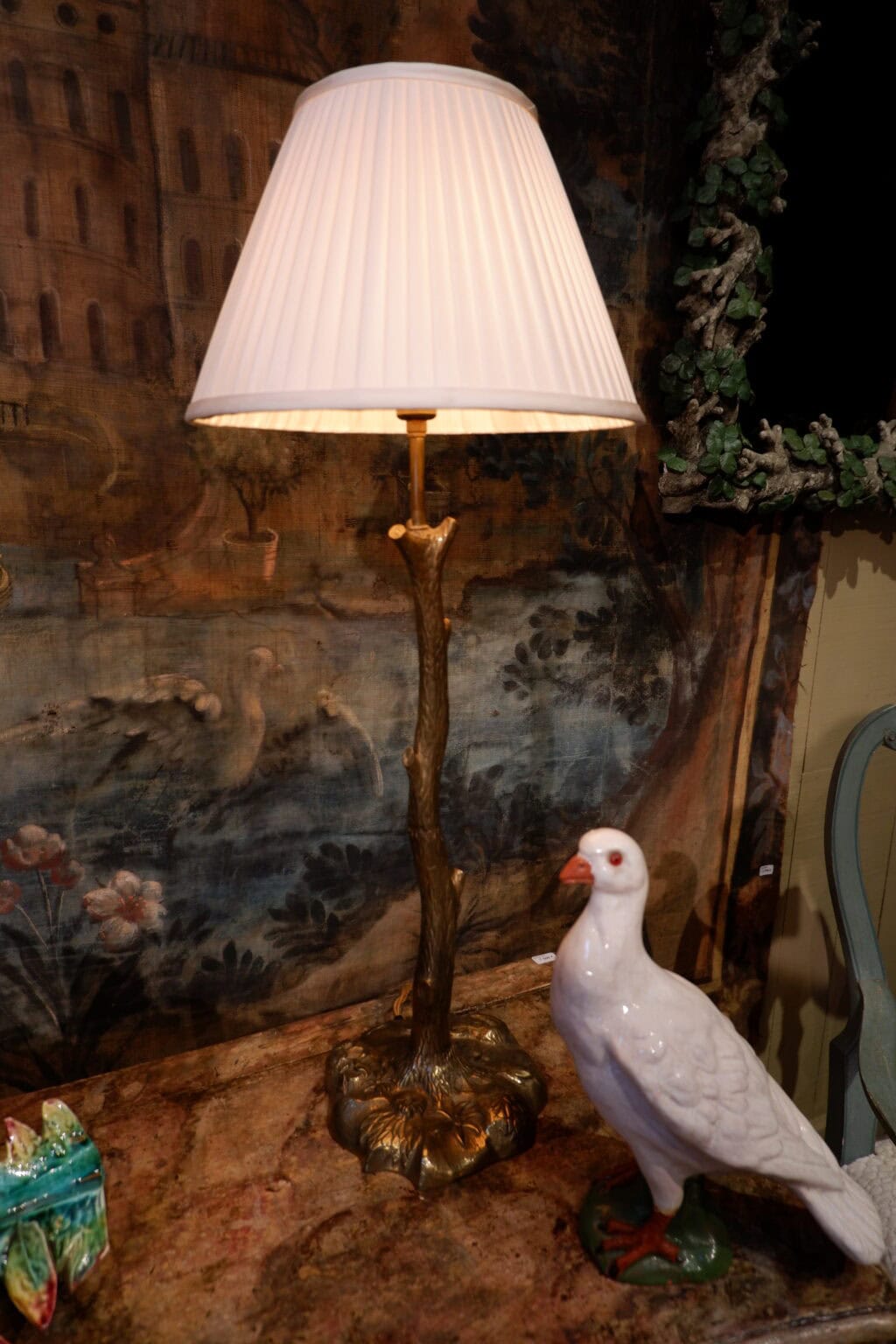 Bronze metal &quot;brindille&quot; lamps + A/J pleated silk ca.1960