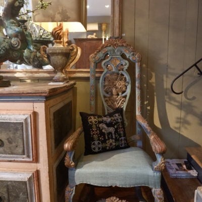 Large 18th century Italian armchair with blue patina