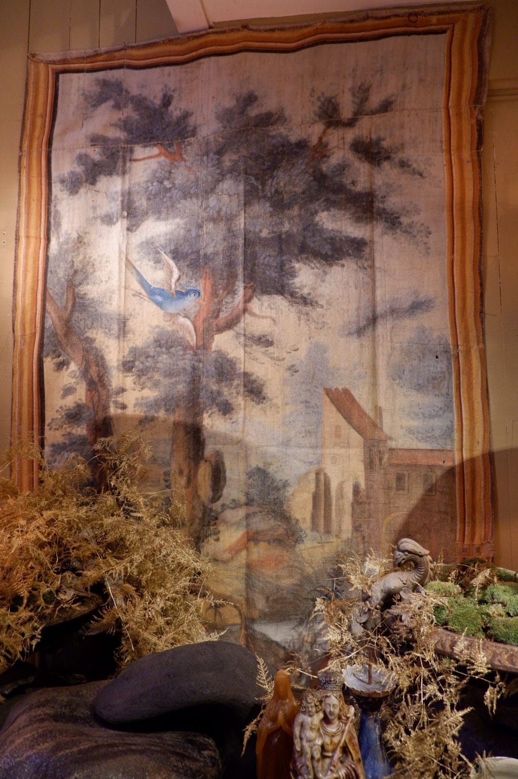 Late 18th century painted canvas with pastel landscape and birds - Image 2