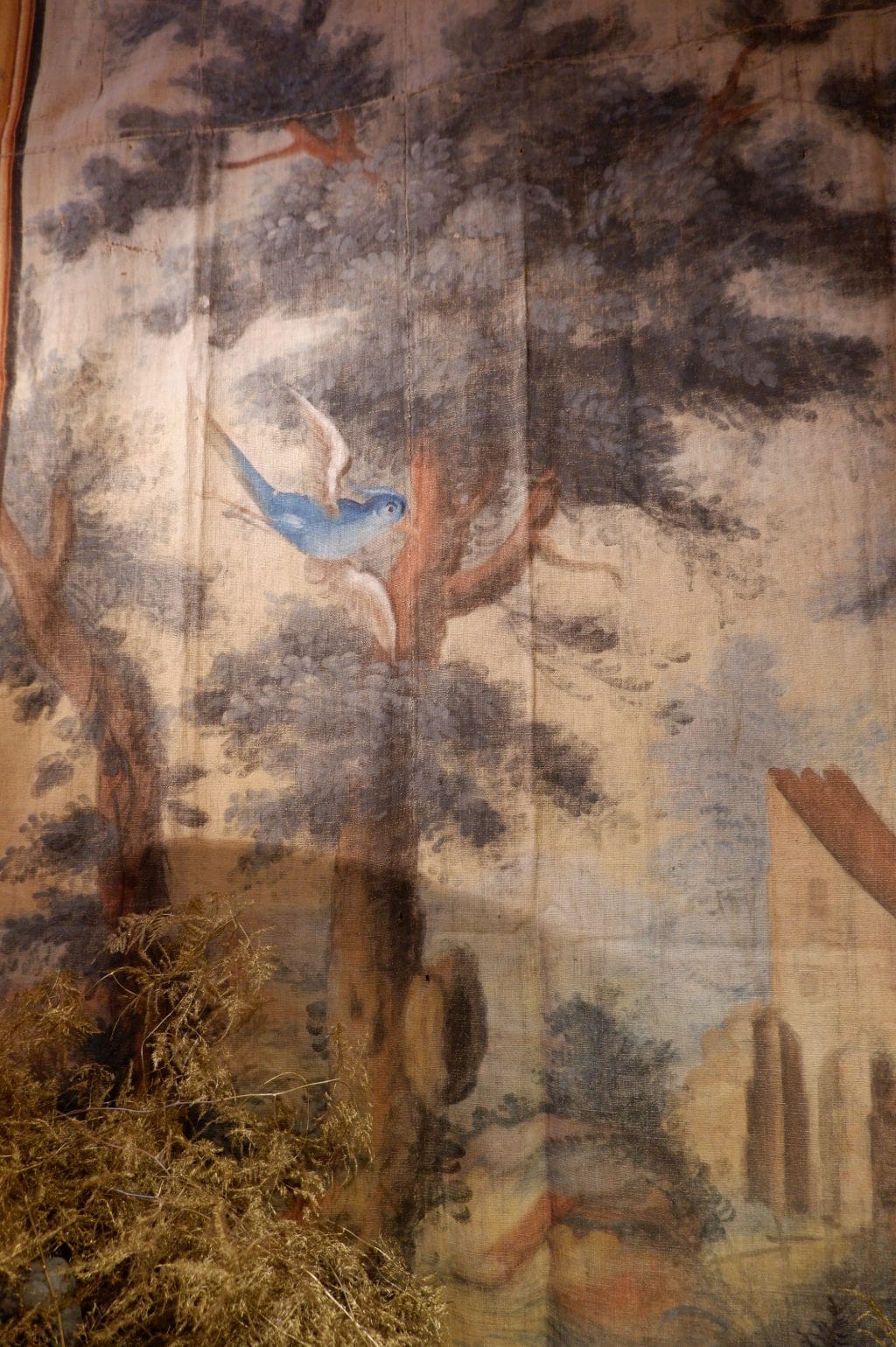 Late 18th century painted canvas with pastel landscape and birds - Image 10
