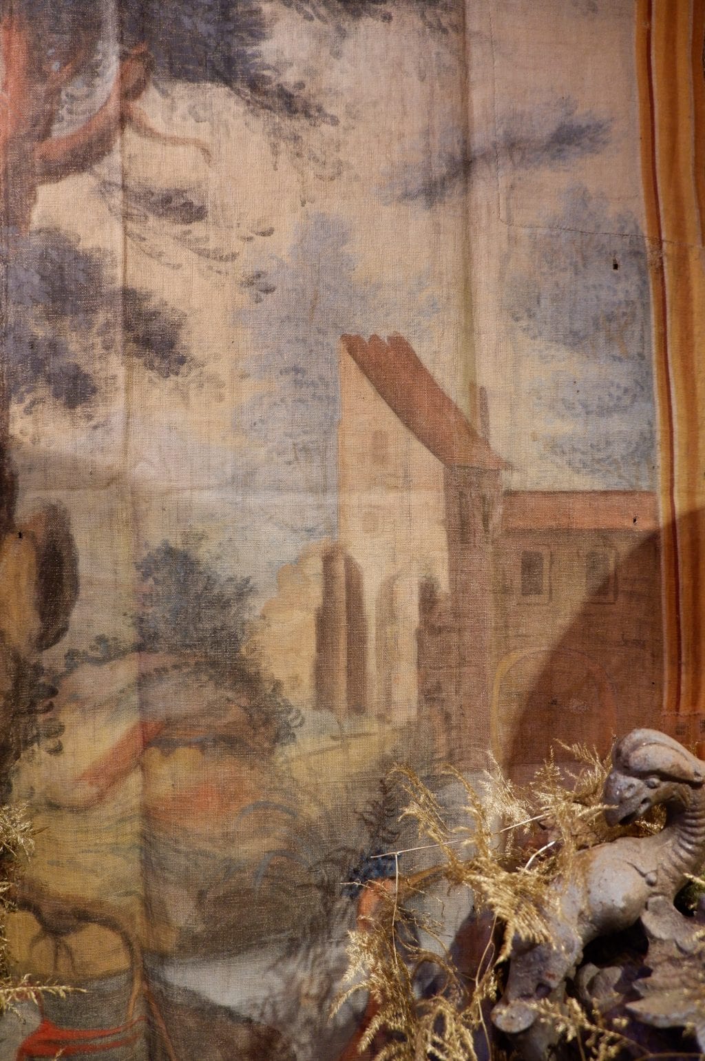 Late 18th century painted canvas with pastel landscape and birds - Image 8