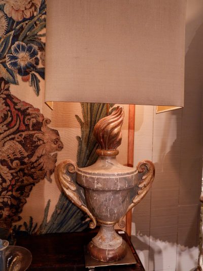 Pair of carved wood "pots à feu gris" lamps + bronze silk screen shades