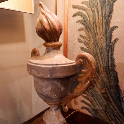 Pair of carved wood "pots à feu gris" lamps + bronze silk screen shades