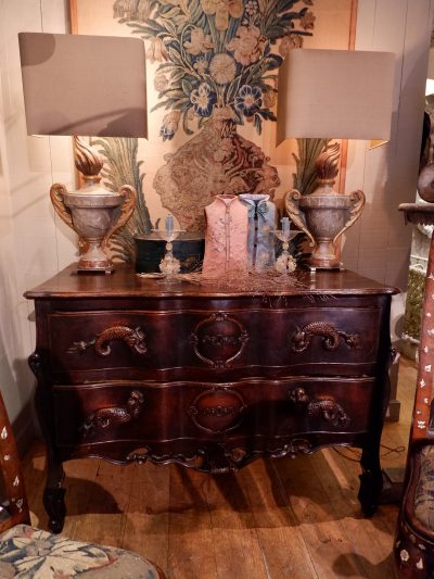 Large Royans chest of drawers, handles in the form of carved dolphins -waxed walnut end of XVIIIE