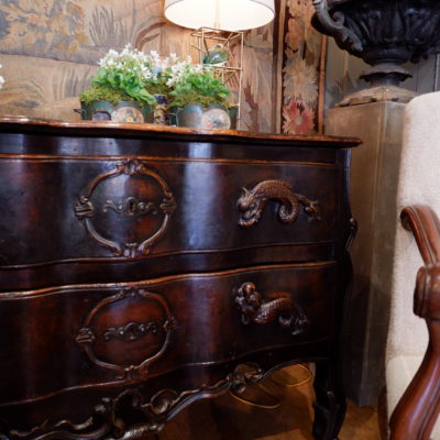 Rare large Royans chest of drawers, handles in the form of carved dolphins -waxed walnut end of XVIIIE