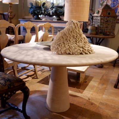Beige travertine table on central conical leg by Angelo Mangiarotti ca.1969