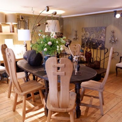 Suite of 6 high-back chairs in raw light oak ca.1960